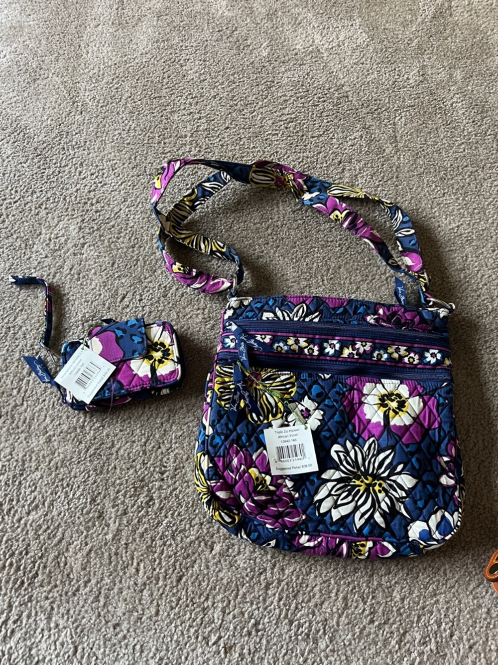 Vera Bradley Quilted Floral Crossbody Bag in Purple & Navy and matching Writslet